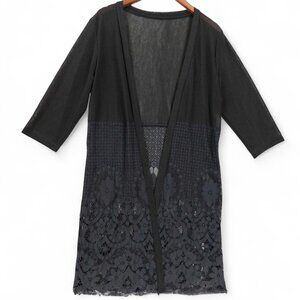 Black Lace Open Front Cardigan Sz M Sheer Floral Crochet Duster Cover Up Romanti